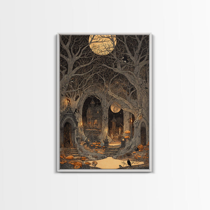 Enchanted Woodland Halloween, Victorian Macabre Art, Vertical Wall Art, Dark Fantasy Wall Art, Framed Canvas Print, Halloween Wall Art