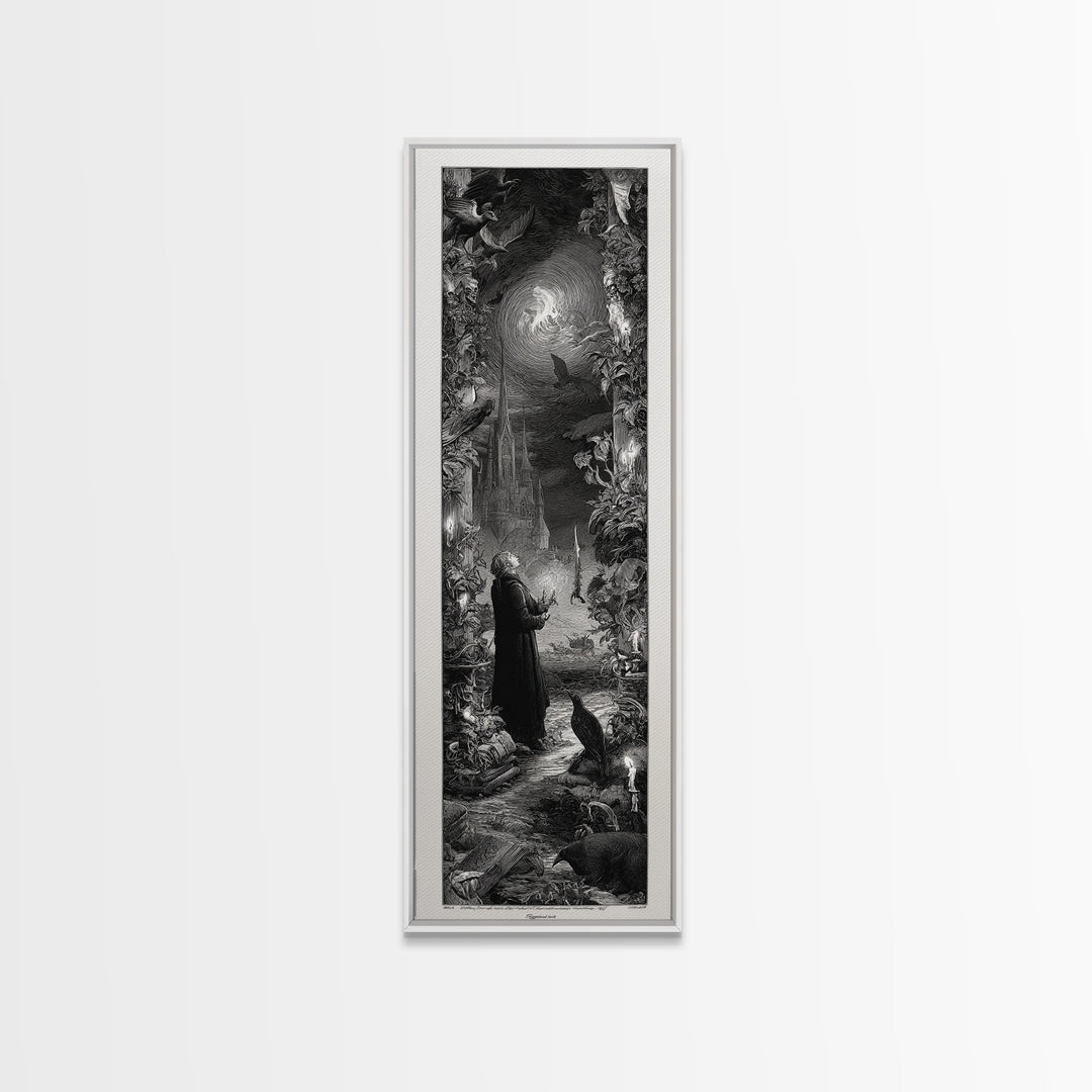 Gothic Romance, Gothic Engraving Art, Tall Narrow Wall Art, Dark Halloween Decor, Framed Canvas Print, Halloween Wall Art