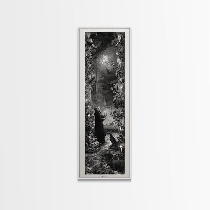Gothic Romance, Gothic Engraving Art, Tall Narrow Wall Art, Dark Halloween Decor, Framed Canvas Print, Halloween Wall Art