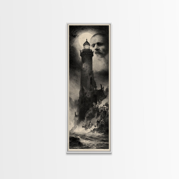 Haunted Seaside Halloween, Gothic Engraving Art, Tall Narrow Wall Art, Macabre Wall Art, Framed Canvas Print, Halloween Wall Art