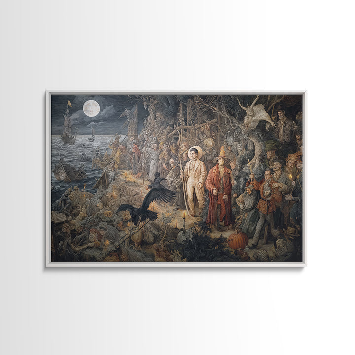 Haunted Seaside Halloween, Medieval Grotesque Art, Landscape Wall Art, Macabre Wall Art, Framed Canvas Print, Halloween Wall Art