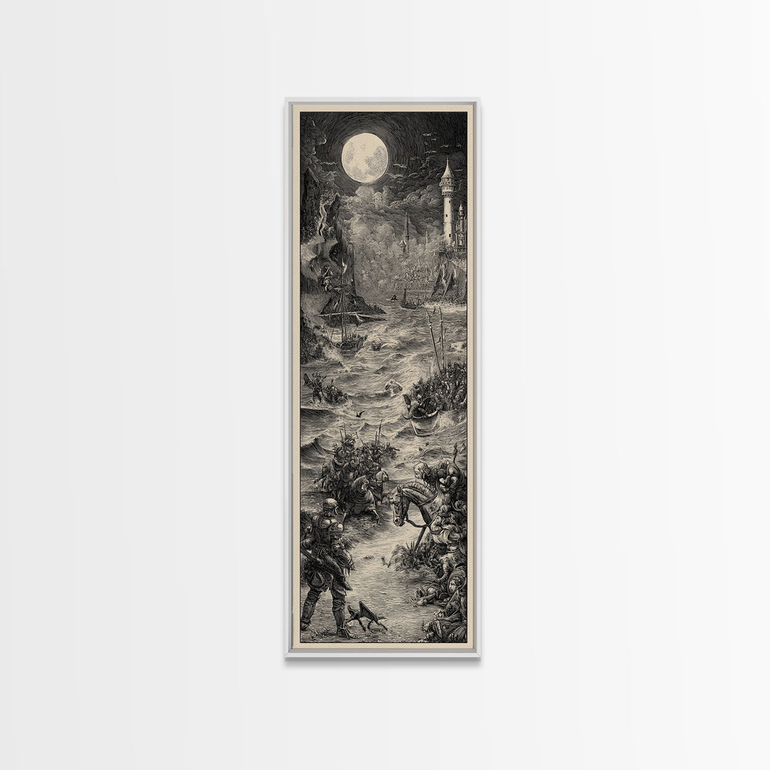 Haunted Seaside Halloween, Renaissance Engraving Art, Tall Narrow Wall Art, Dark Fantasy Wall Art, Framed Canvas Print, Halloween Wall Art