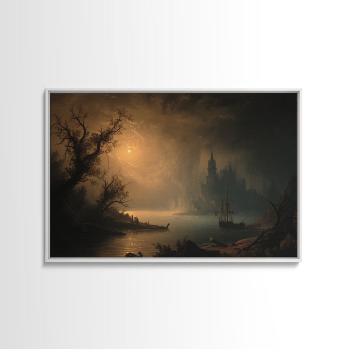 Haunted Seaside Halloween, Baroque Witchcraft Art, Landscape Wall Art, Gothic Horror Wall Art, Framed Canvas Print, Halloween Wall Art