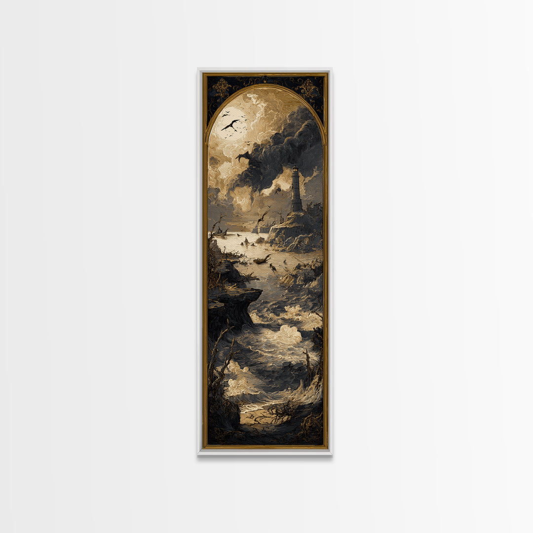 Haunted Seaside Halloween, Dark Romantic Horror Art, Tall Narrow Wall Art, Dark Halloween Decor, Framed Canvas Print, Halloween Wall Art