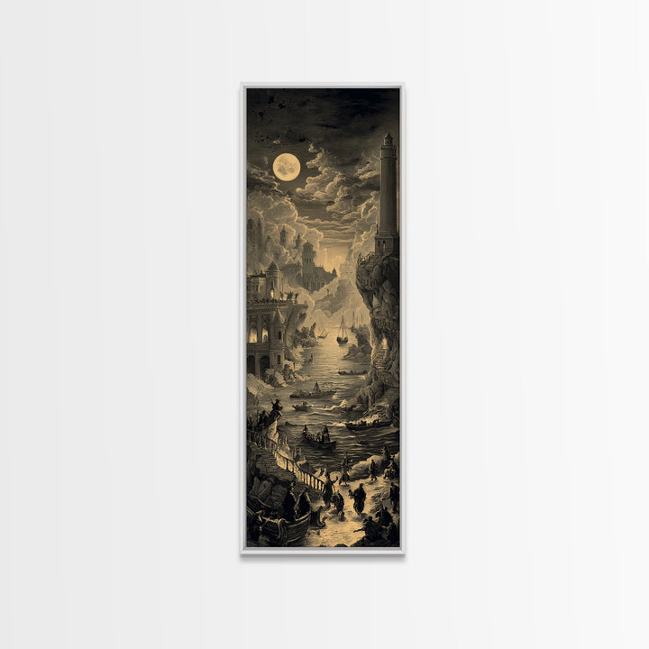 Haunted Seaside Halloween, Architectural Etching Art, Tall Narrow Wall Art, Gothic Horror Wall Art, Framed Canvas Print