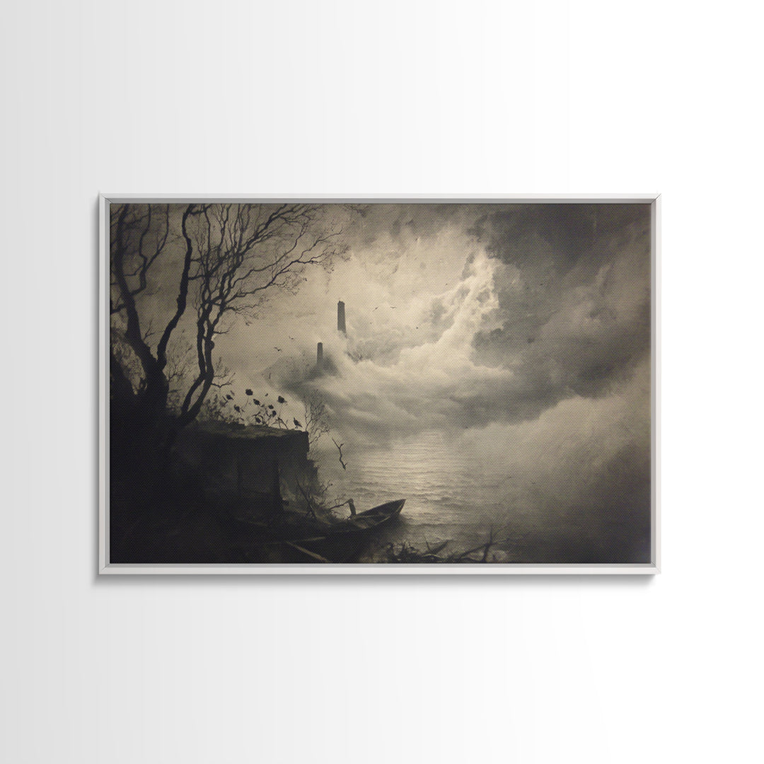 Haunted Seaside Halloween, Symbolist Dream Art, Landscape Wall Art, Dark Fantasy Wall Art, Framed Canvas Print, Halloween Wall Art