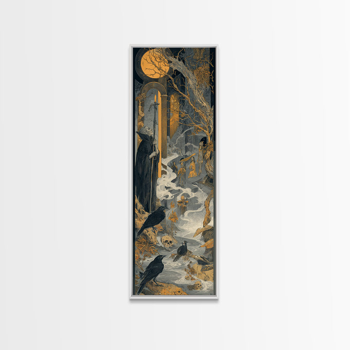 Haunted Seaside Halloween, Symbolist Etching Art, Tall Narrow Wall Art, Dark Halloween Decor, Framed Canvas Print, Halloween Wall Art