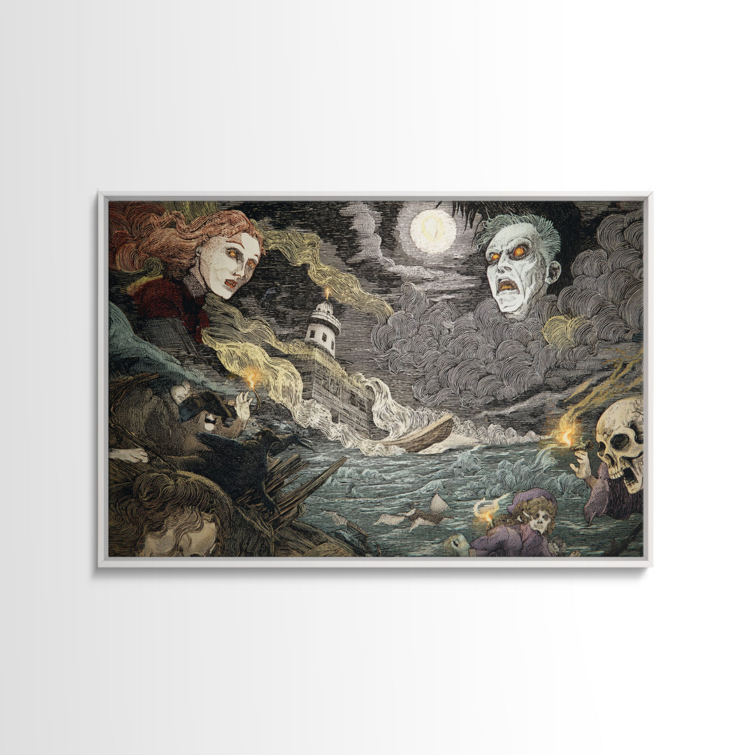 Haunted Seaside Halloween, Expressionist Gothic Art, Landscape Wall Art, Macabre Wall Art, Canvas Print, Halloween Wall Art