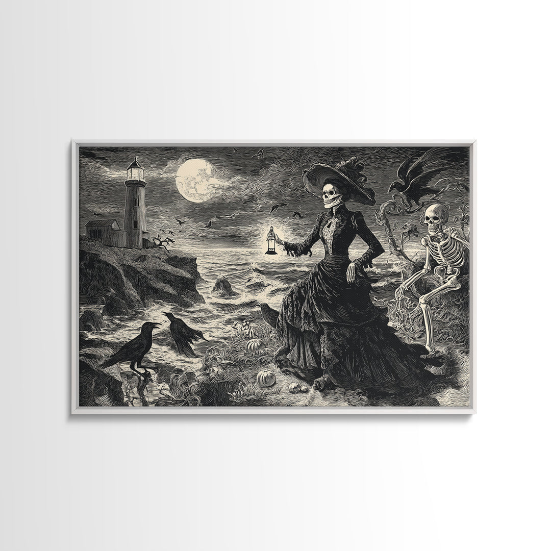 Haunted Seaside Halloween, Macabre Folk Print Art, Landscape Wall Art, Dark Halloween Decor, Framed Canvas Print