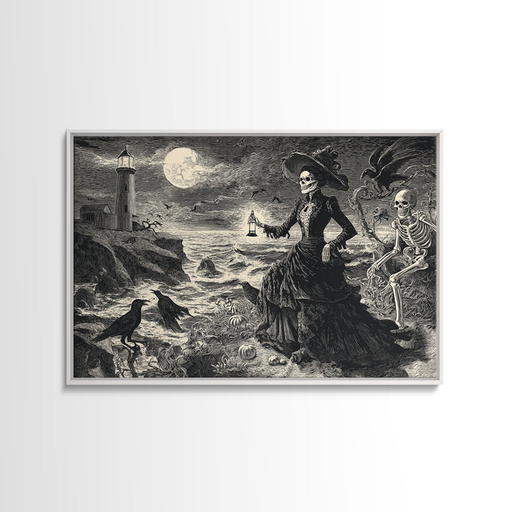 Haunted Seaside Halloween, Macabre Folk Print Art, Landscape Wall Art, Dark Halloween Decor, Framed Canvas Print