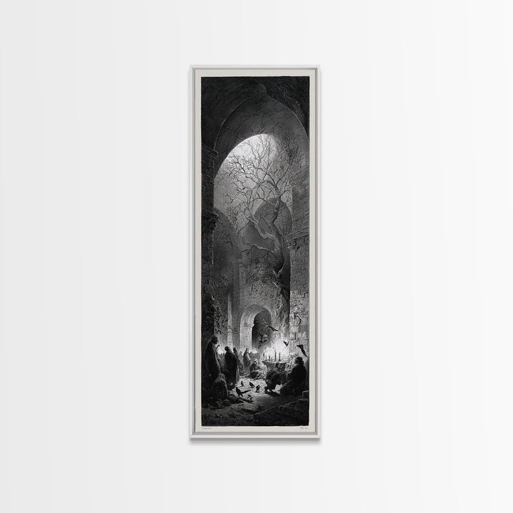 The Candlelit Crypt, Gothic Engraving Art, Tall Narrow Wall Art, Dark Fantasy Wall Art, Canvas Print, Halloween Wall Art