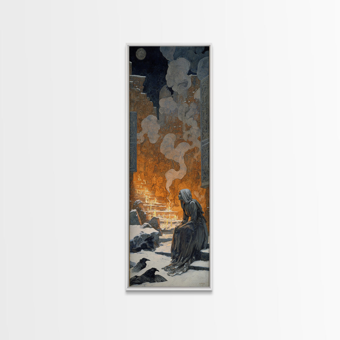 The Candlelit Crypt, Symbolist Death Art, Tall Narrow Wall Art, Macabre Wall Art, Framed Canvas Print, Halloween Wall Art