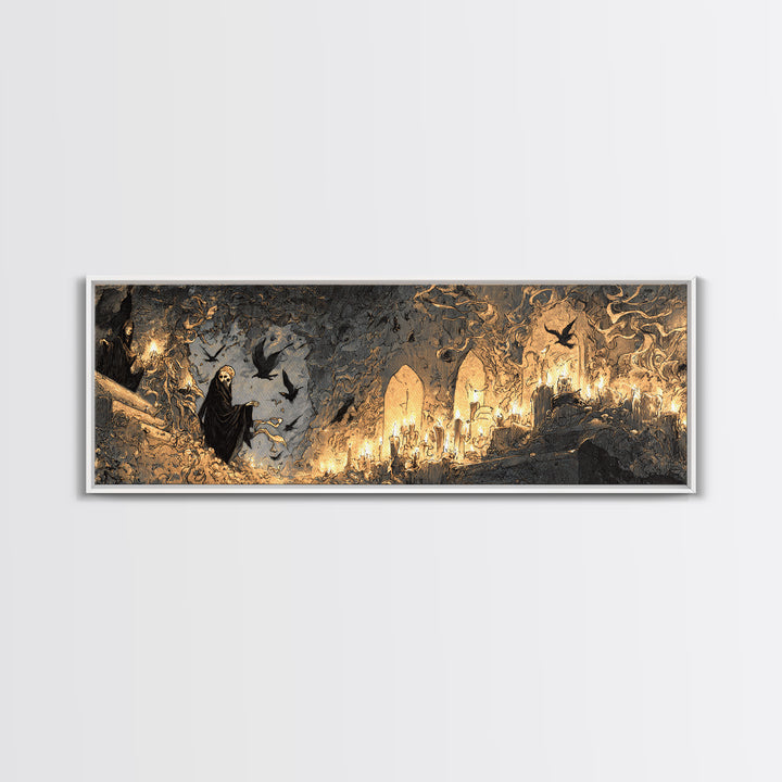 The Candlelit Crypt, Expressionist Nightmare Art, Extra Wide Wall Art, Macabre Wall Art, Framed Canvas Print, Halloween Wall Art