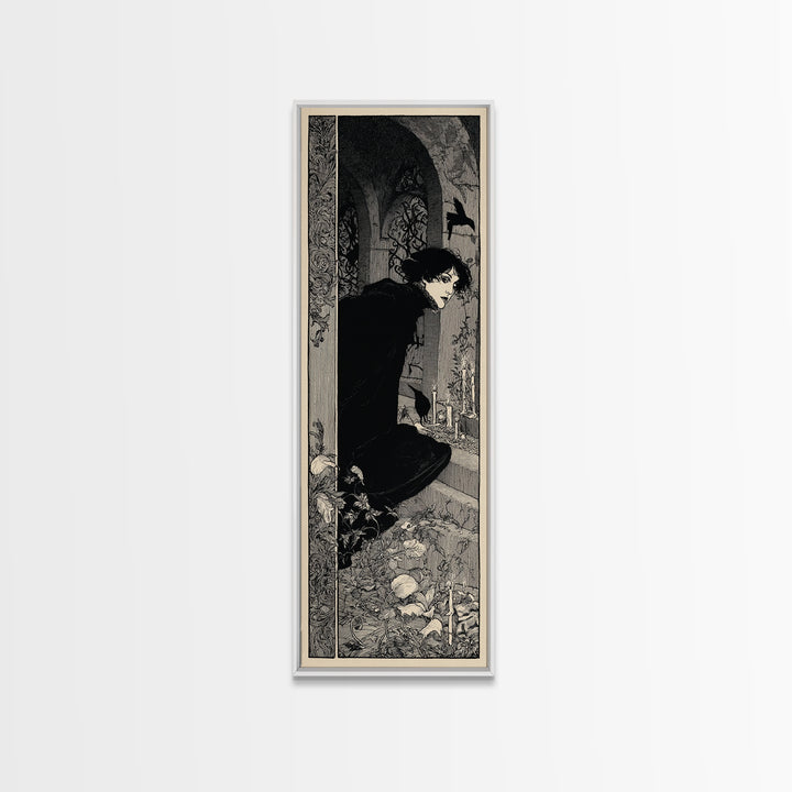 The Candlelit Crypt, Decadent Line Art, Tall Narrow Wall Art, Macabre Wall Art, Framed Canvas Print, Halloween Wall Art