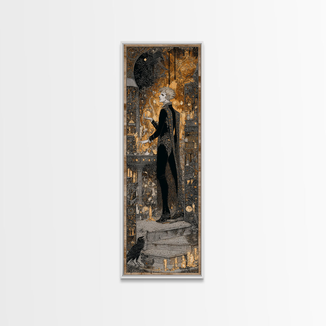 The Candlelit Crypt, Stained Glass Gothic Art, Tall Narrow Wall Art, Dark Fantasy Wall Art, Framed Canvas Print, Halloween Wall Art