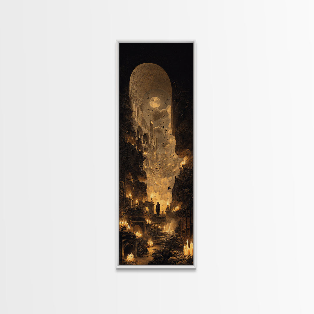 The Candlelit Crypt, Surreal Apocalyptic Art, Tall Narrow Wall Art, Dark Fantasy Wall Art, Framed Canvas Print, Halloween Wall Art