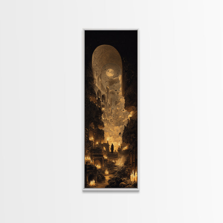 The Candlelit Crypt, Surreal Apocalyptic Art, Tall Narrow Wall Art, Dark Fantasy Wall Art, Framed Canvas Print, Halloween Wall Art