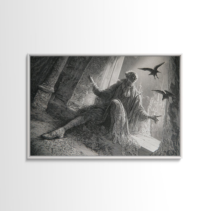 Black Lace And Cobwebs, Gothic Engraving Art, Landscape Wall Art, Dark Halloween Decor, Framed Canvas Print, Halloween Wall Art