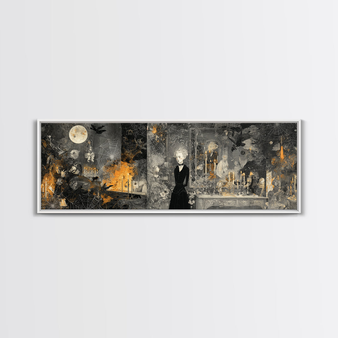 Black Lace And Cobwebs, Visionary Gothic Art, Extra Wide Wall Art, Macabre Wall Art, Framed Canvas Print, Halloween Wall Art