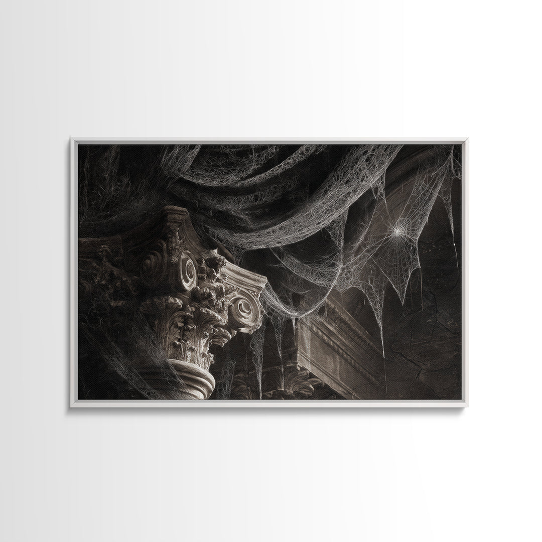 Black Lace And Cobwebs, Architectural Etching Art, Landscape Wall Art, Dark Fantasy Wall Art, Framed Canvas Print