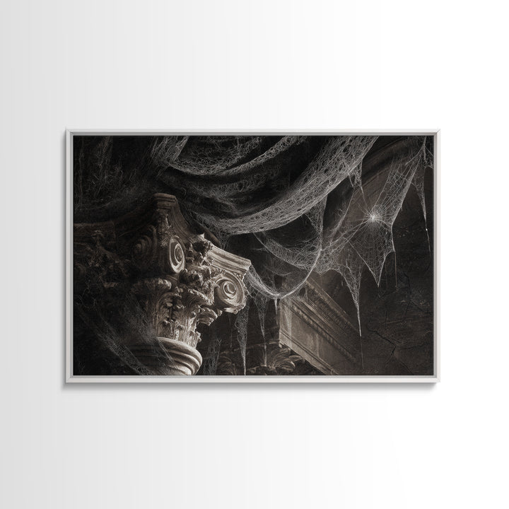 Black Lace And Cobwebs, Architectural Etching Art, Landscape Wall Art, Dark Fantasy Wall Art, Framed Canvas Print
