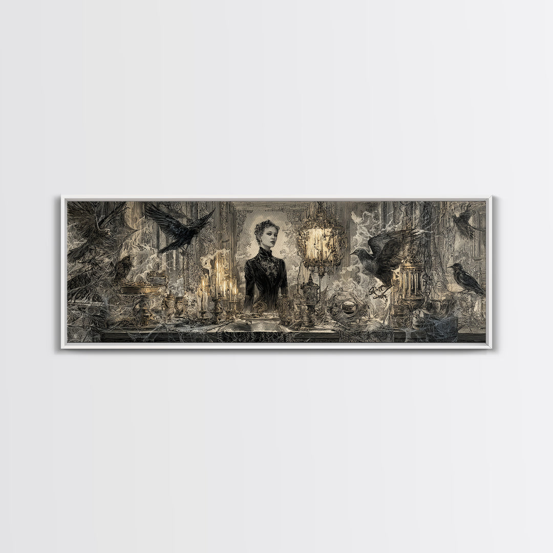 Black Lace And Cobwebs, Ornate Symbolist Art, Extra Wide Wall Art, Gothic Horror Wall Art, Canvas Print, Halloween Wall Art