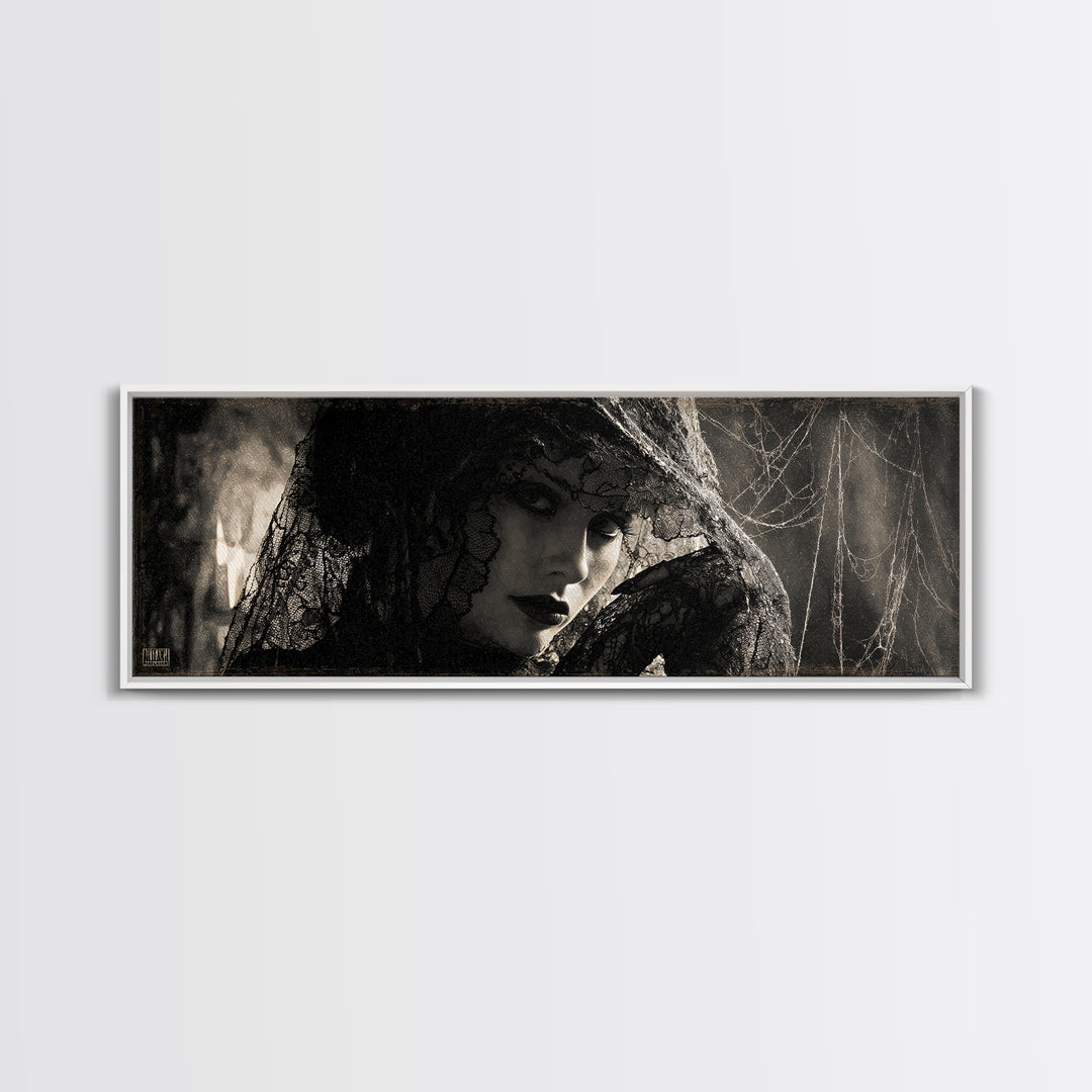 Black Lace And Cobwebs, Decadent Gothic Art, Extra Wide Wall Art, Dark Halloween Decor, Canvas Print, Halloween Wall Art