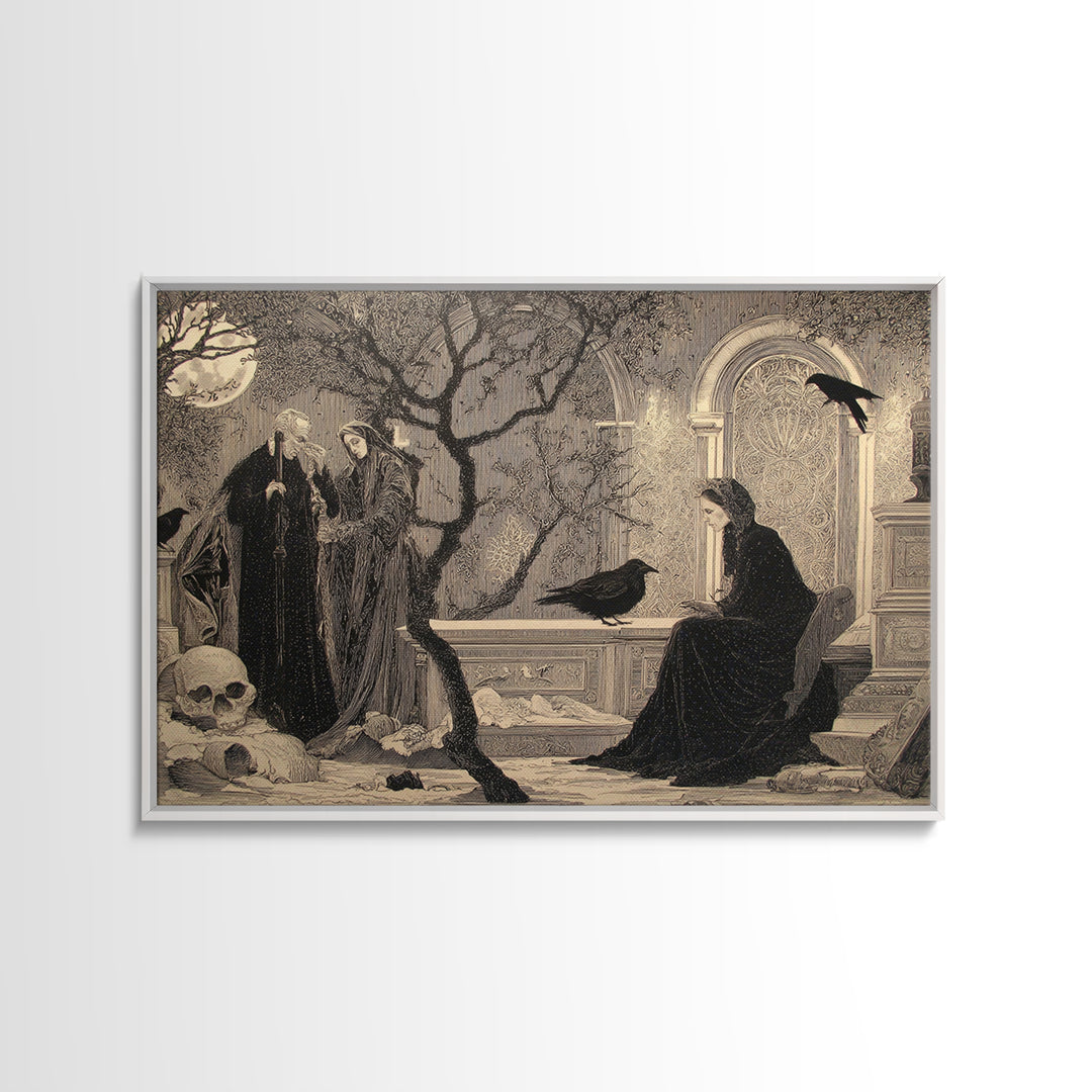 Black Lace And Cobwebs, Symbolist Death Art, Landscape Wall Art, Dark Halloween Decor, Framed Canvas Print, Halloween Wall Art