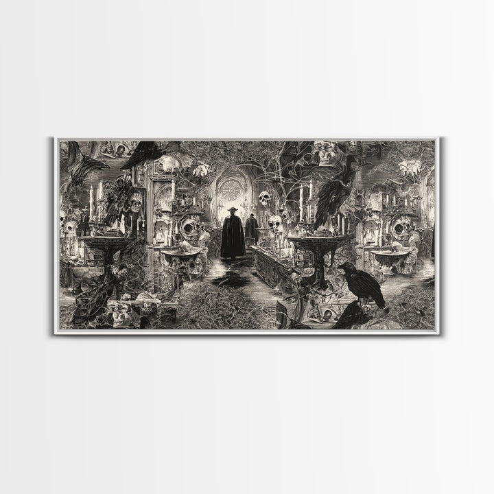 Black Lace And Cobwebs, Grotesque Carnival Art, Wide Panoramic Art, Dark Fantasy Wall Art, Framed Canvas Print, Halloween Wall Art