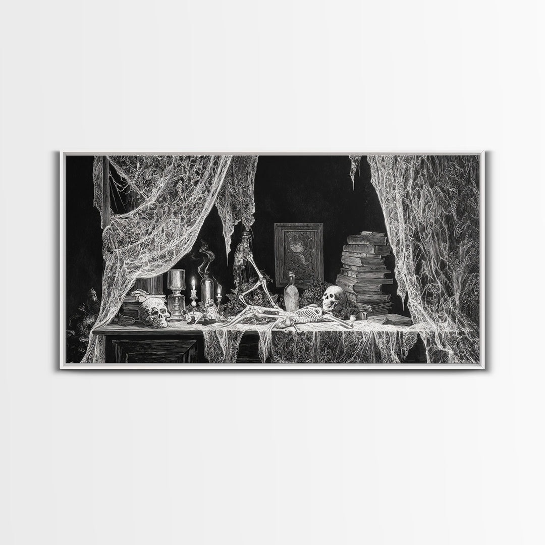 Black Lace And Cobwebs, Macabre Folk Print Art, Wide Panoramic Art, Gothic Horror Wall Art, Canvas Print, Halloween Wall Art