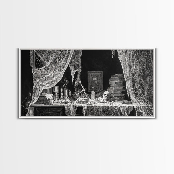 Black Lace And Cobwebs, Macabre Folk Print Art, Wide Panoramic Art, Gothic Horror Wall Art, Canvas Print, Halloween Wall Art
