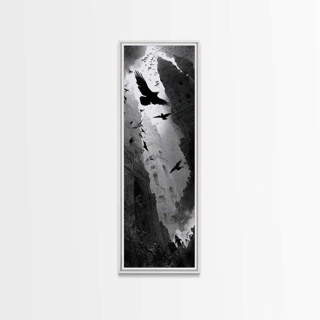 Ravens And Ruins, Gothic Engraving Art, Tall Narrow Wall Art, Macabre Wall Art, Canvas Print, Halloween Wall Art, Seasonal Home Decor