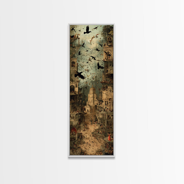 Ravens And Ruins, Medieval Grotesque Art, Tall Narrow Wall Art, Macabre Wall Art, Canvas Print, Halloween Wall Art, Halloween Decor