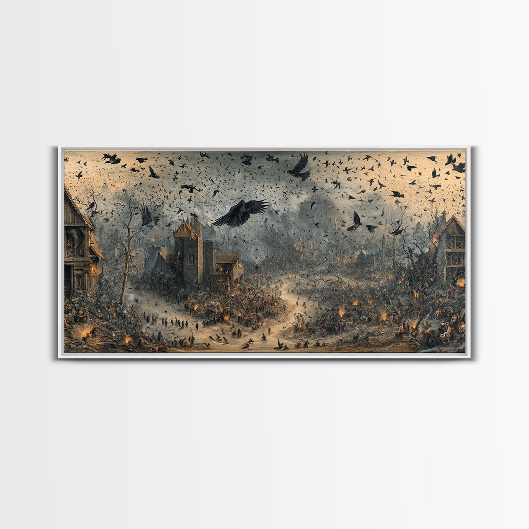 Ravens And Ruins, Northern Renaissance Horror, Wide Panoramic Art, Dark Halloween Decor, Framed Canvas Print, Halloween Wall Art