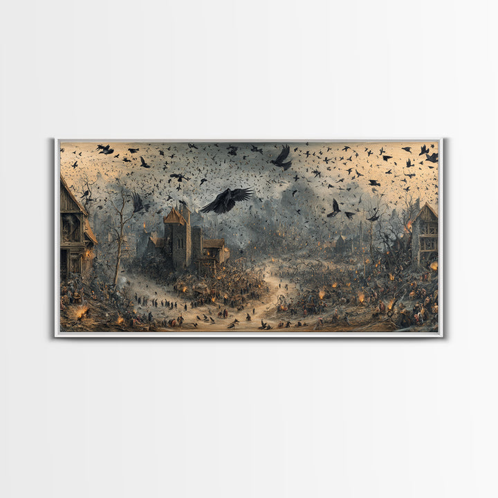 Ravens And Ruins, Northern Renaissance Horror, Wide Panoramic Art, Dark Halloween Decor, Framed Canvas Print, Halloween Wall Art