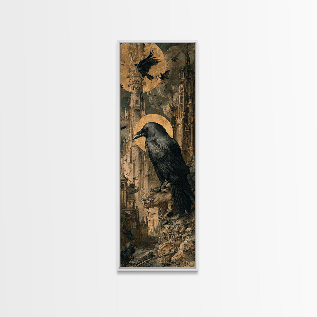 Ravens And Ruins, Dark Renaissance Art, Tall Narrow Wall Art, Gothic Horror Wall Art, Framed Canvas Print, Halloween Wall Art