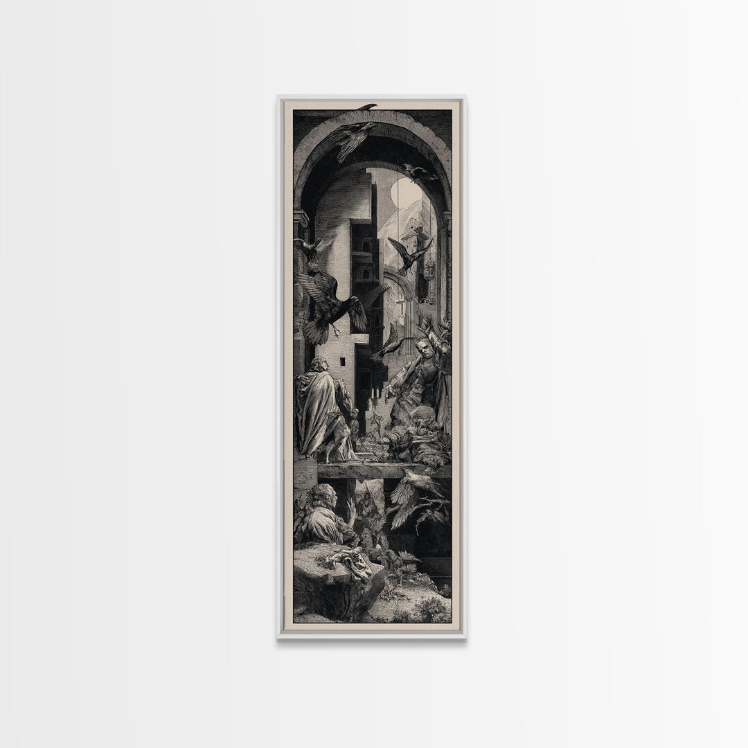 Ravens And Ruins, Renaissance Engraving Art, Tall Narrow Wall Art, Gothic Horror Wall Art, Framed Canvas Print, Halloween Wall Art