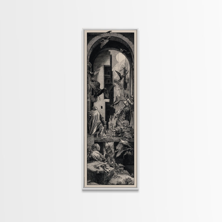 Ravens And Ruins, Renaissance Engraving Art, Tall Narrow Wall Art, Gothic Horror Wall Art, Framed Canvas Print, Halloween Wall Art