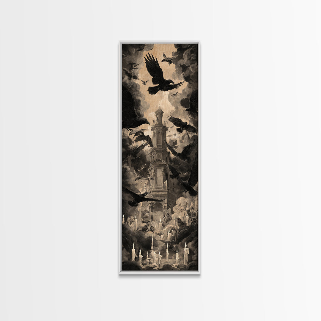 Ravens And Ruins, Gothic Nightmare Art, Tall Narrow Wall Art, Gothic Horror Wall Art, Framed Canvas Print, Halloween Wall Art