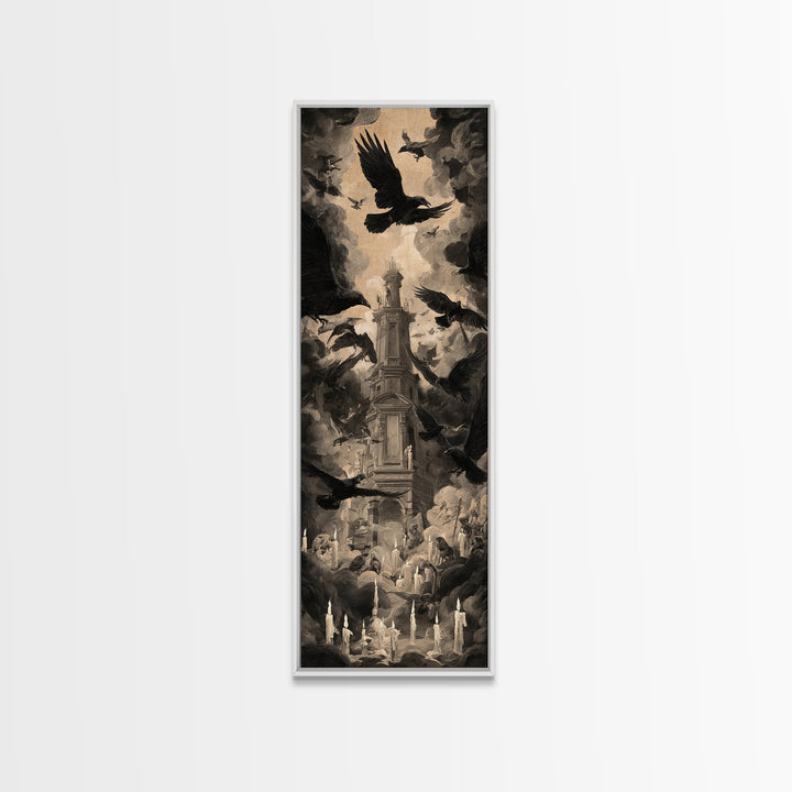 Ravens And Ruins, Gothic Nightmare Art, Tall Narrow Wall Art, Gothic Horror Wall Art, Framed Canvas Print, Halloween Wall Art