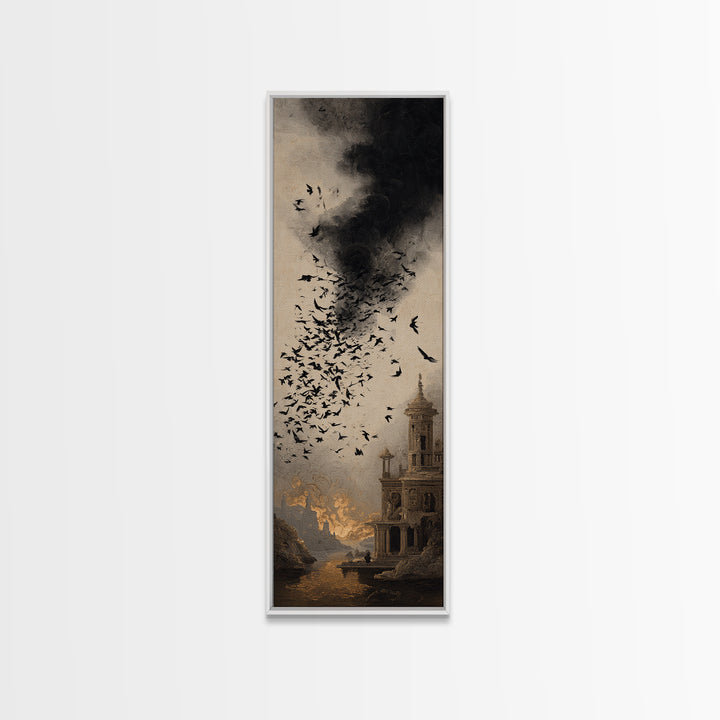 Ravens And Ruins, Apocalyptic Romantic Art, Tall Narrow Wall Art, Gothic Horror Wall Art, Framed Canvas Print, Halloween Wall Art