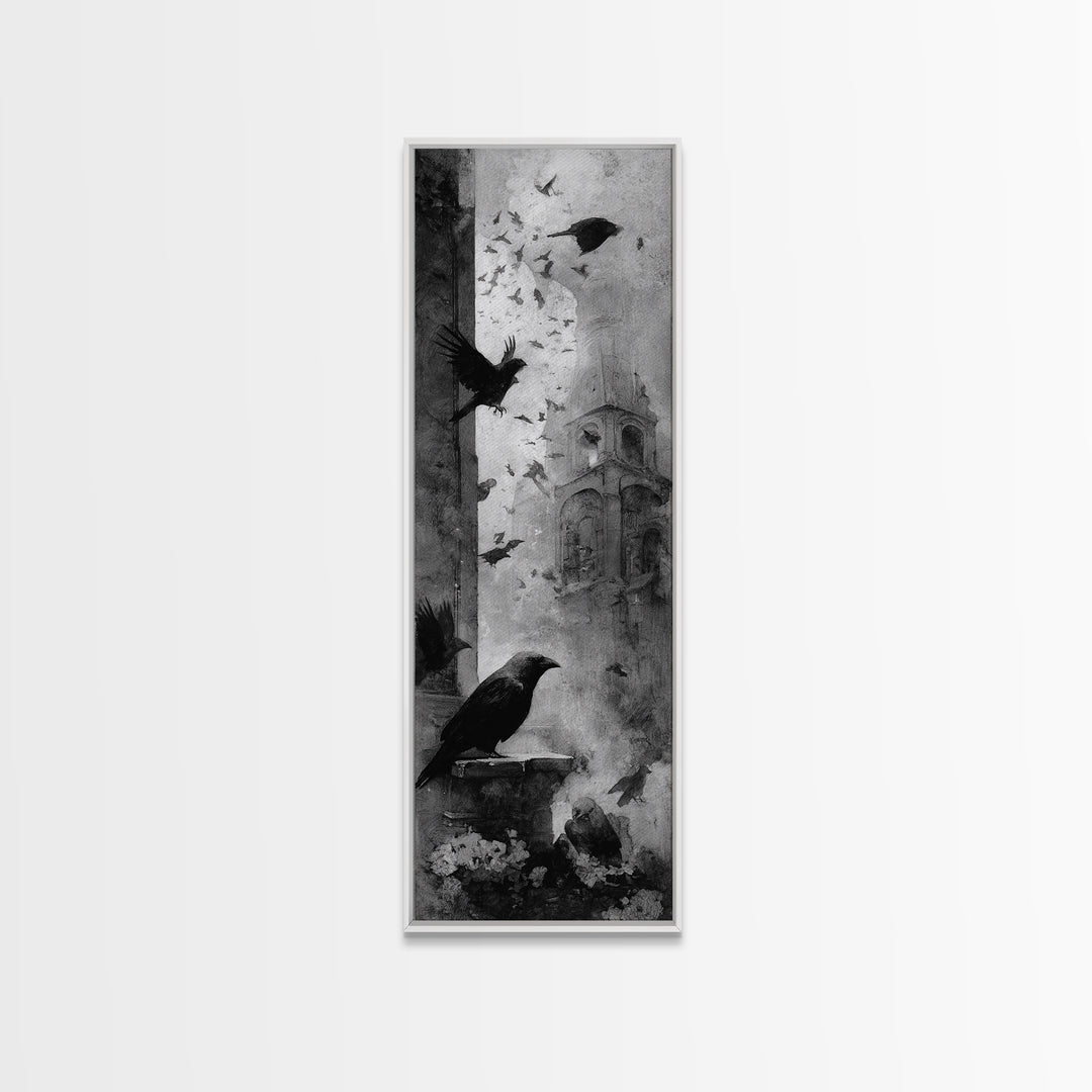 Ravens And Ruins, Symbolist Dream Art, Tall Narrow Wall Art, Dark Fantasy Wall Art, Canvas Print, Halloween Wall Art