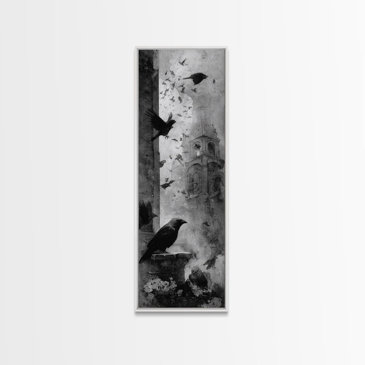 Ravens And Ruins, Symbolist Dream Art, Tall Narrow Wall Art, Dark Fantasy Wall Art, Canvas Print, Halloween Wall Art