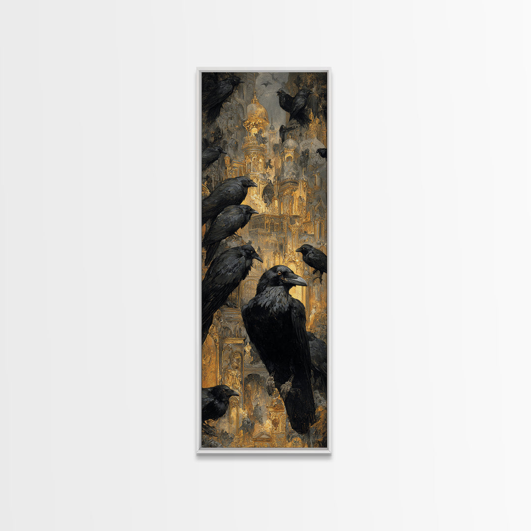 Ravens And Ruins, Ornate Symbolist Art, Tall Narrow Wall Art, Dark Fantasy Wall Art, Framed Canvas Print, Halloween Wall Art