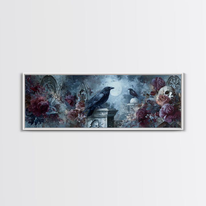 Silent Graveyard with Blue Moon Haze Framed Canvas Print, Dark Art, Print, Living Room Decor, Nocturne, Moody Wall Art, DAR-3x1-10