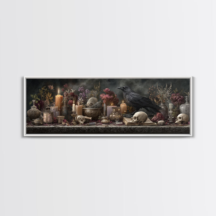 Witchy Still Life of Herbs Candles and Canvas Print, Dark Art, Fantasy Art, Living Room Decor, Fine Art, Nocturne, DAR-3x1-24