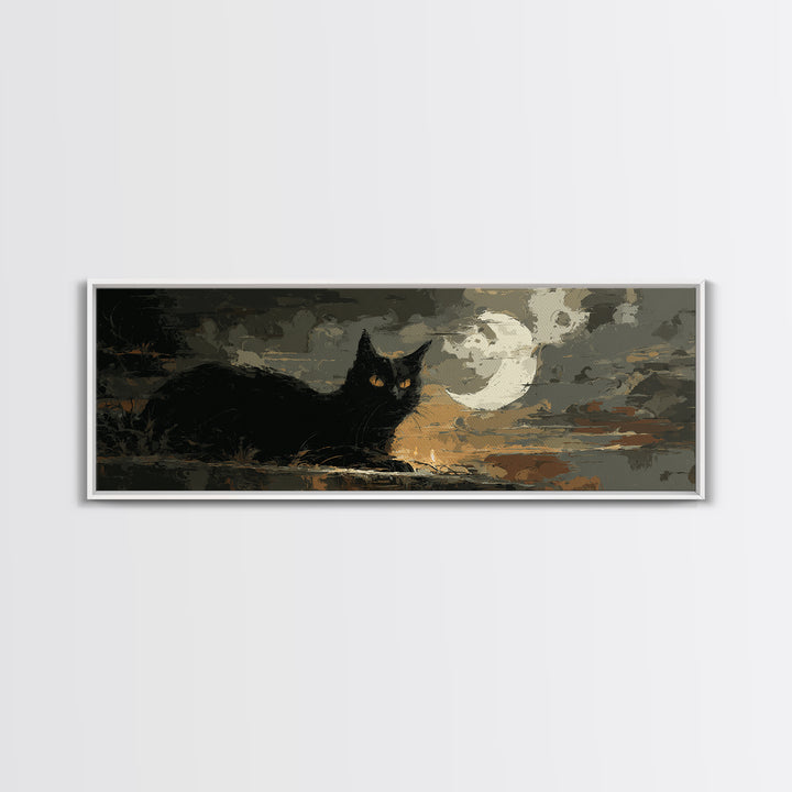 Black Cat with Glowing Eyes under Crescent Canvas Print, Dark Art, Halloween Decoration, Living Room Decor, Abstract Art, DAR-3x1-49