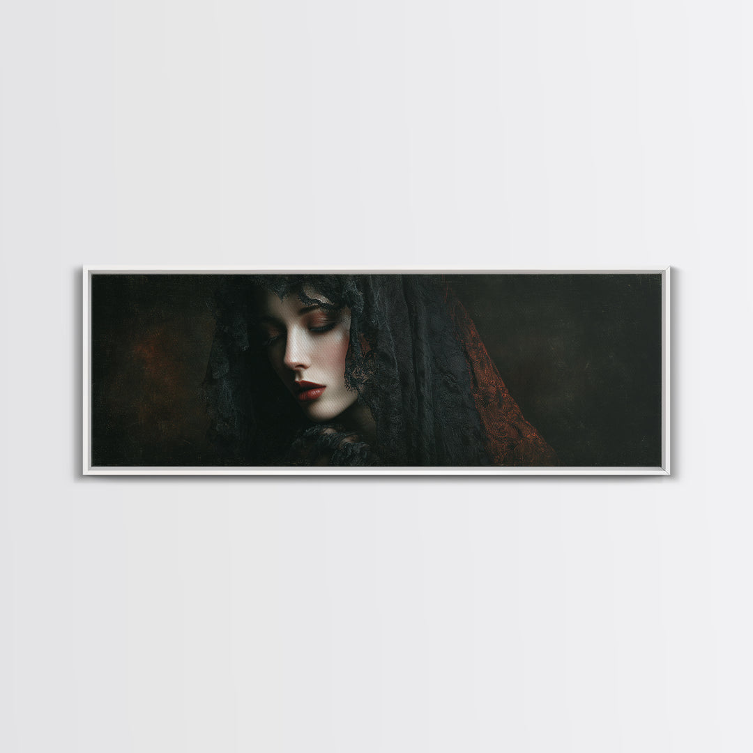 Vampire Inspired Portrait with Pale Dramatic Light Framed Canvas Print, Dark Art, Goth Decor, Living Room Decor, Nocturne, DAR-3x1-5