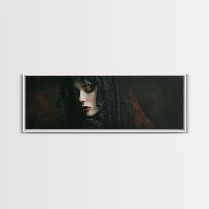 Vampire Inspired Portrait with Pale Dramatic Light Framed Canvas Print, Dark Art, Goth Decor, Living Room Decor, Nocturne, DAR-3x1-5