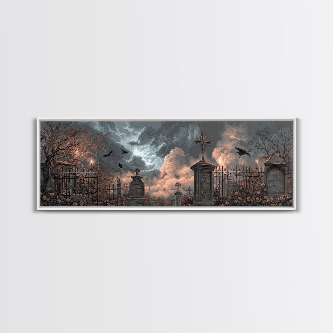 Silent Graveyard with Blue Moon Haze Framed Canvas Print, Dark Art, Gothic Wall Art, Living Room Decor, Fine Art, Nocturne, DAR-3x1-58